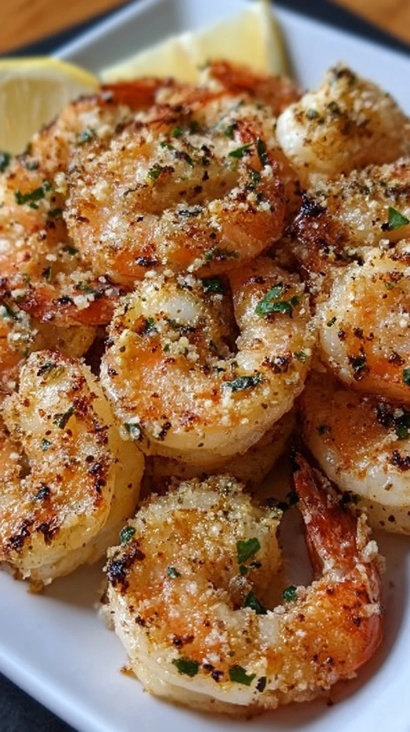 Crispy Air Fryer Garlic Parmesan Shrimp served with a garnish of parsley.
