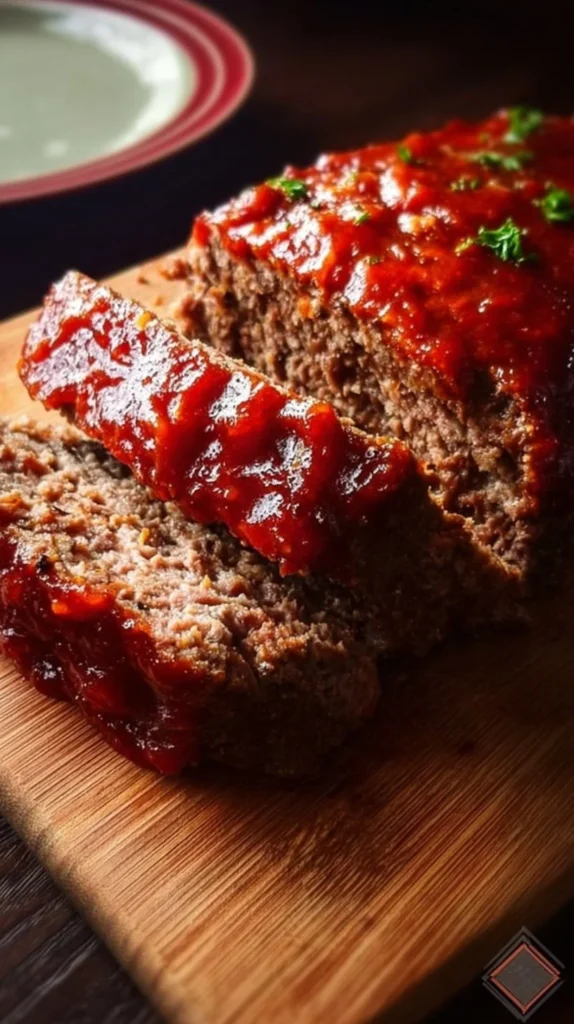 Classic meatloaf recipe served on a plate with garnish, perfect for family meals.