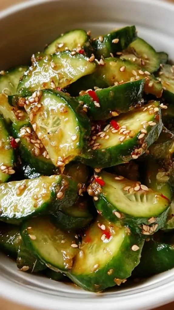 Bowl of Asian cucumber salad garnished with sesame seeds and scallions.