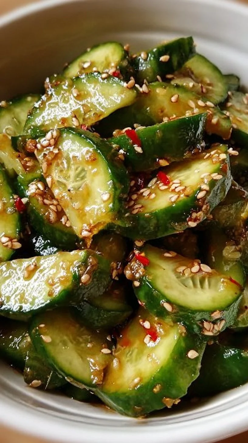 Bowl of Asian cucumber salad garnished with sesame seeds and scallions.