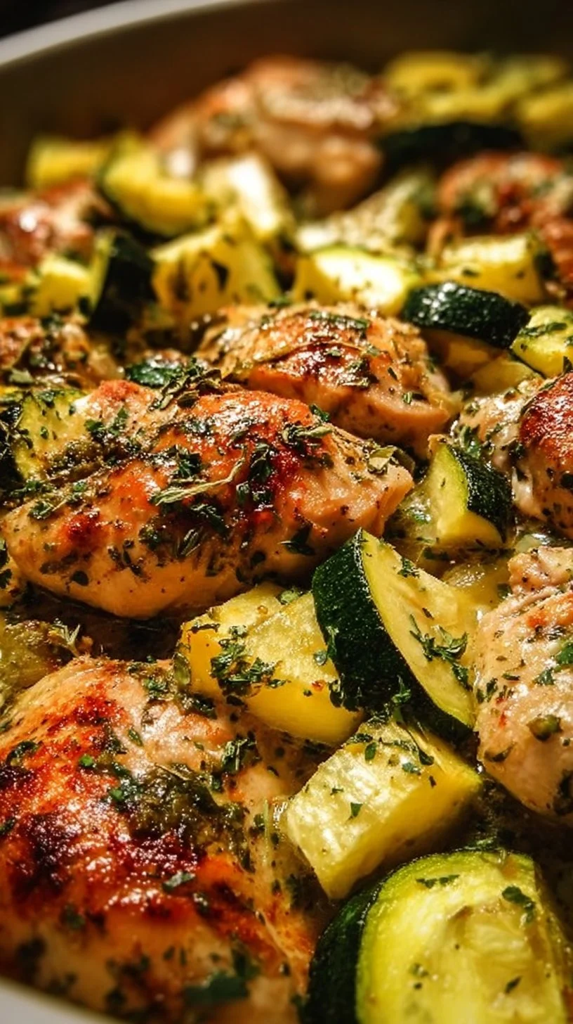 Delicious baked chicken thighs served with roasted zucchini slices