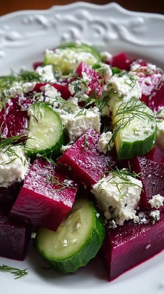 Colorful beet salad with feta cheese, cucumbers, and fresh dill on a plate