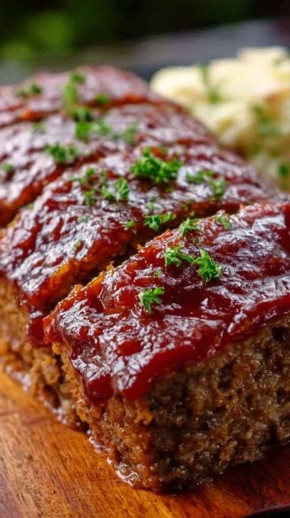 Homemade meatloaf topped with a brown sugar glaze, served on a plate