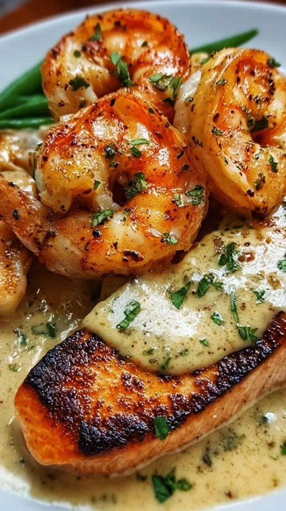 Cajun shrimp and salmon dish served with garlic cream sauce