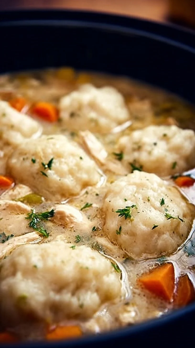 Bowl of homemade chicken and dumplings with herbs and spices