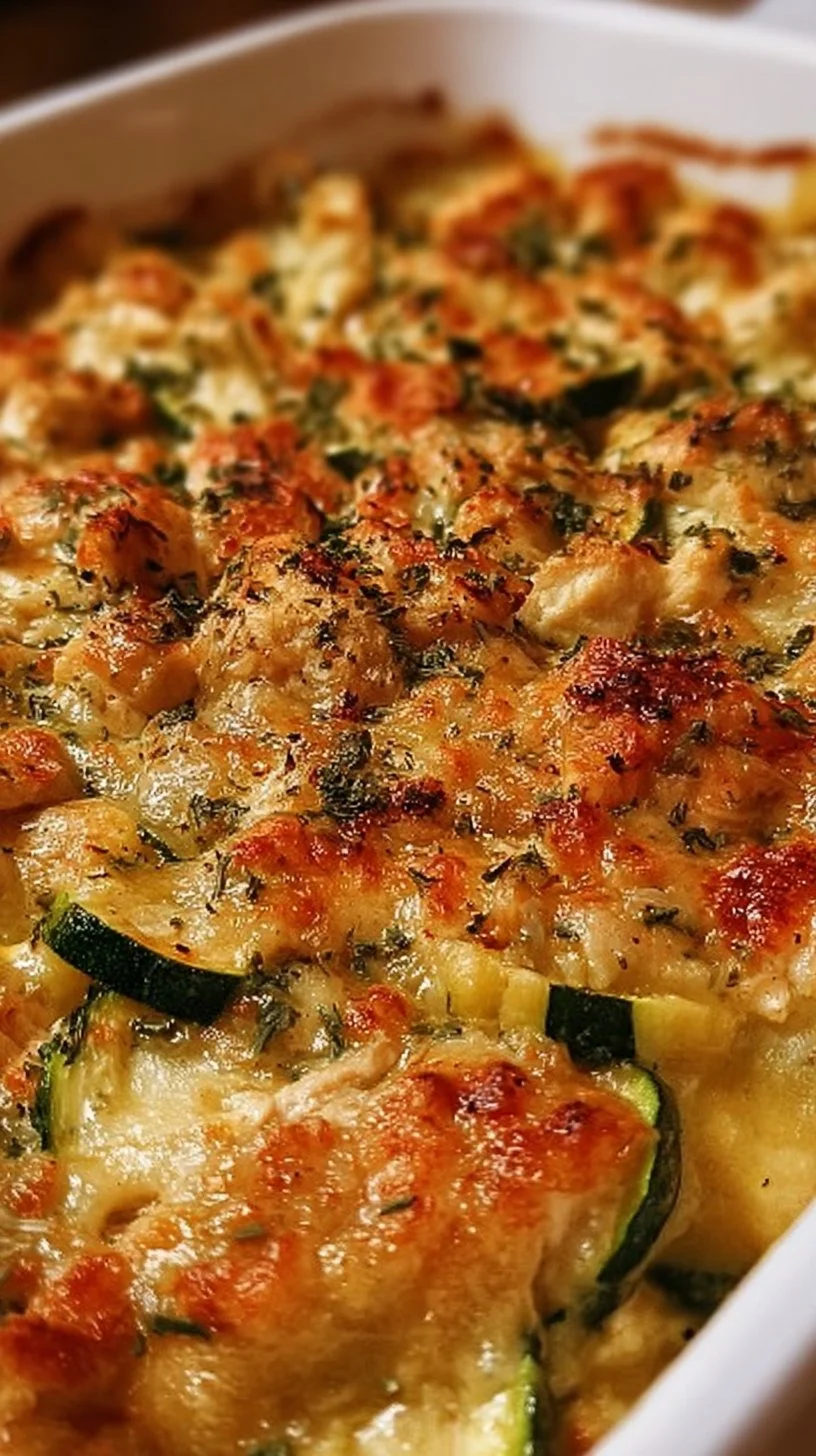 Delicious Chicken Zucchini Casserole baked with melted cheese and fresh veggies