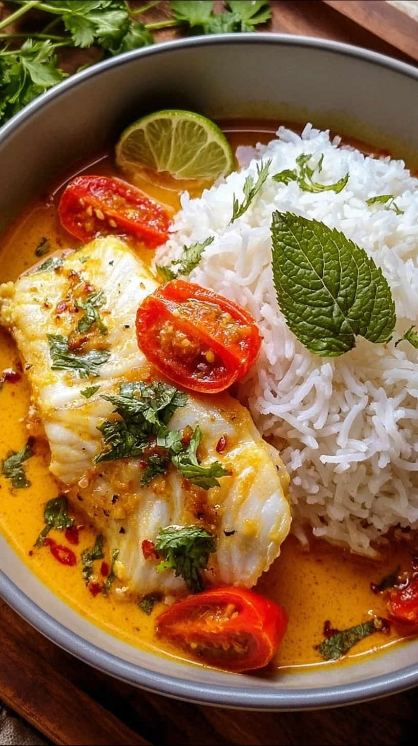 Coconut lime fish curry served with jasmine rice in a bowl