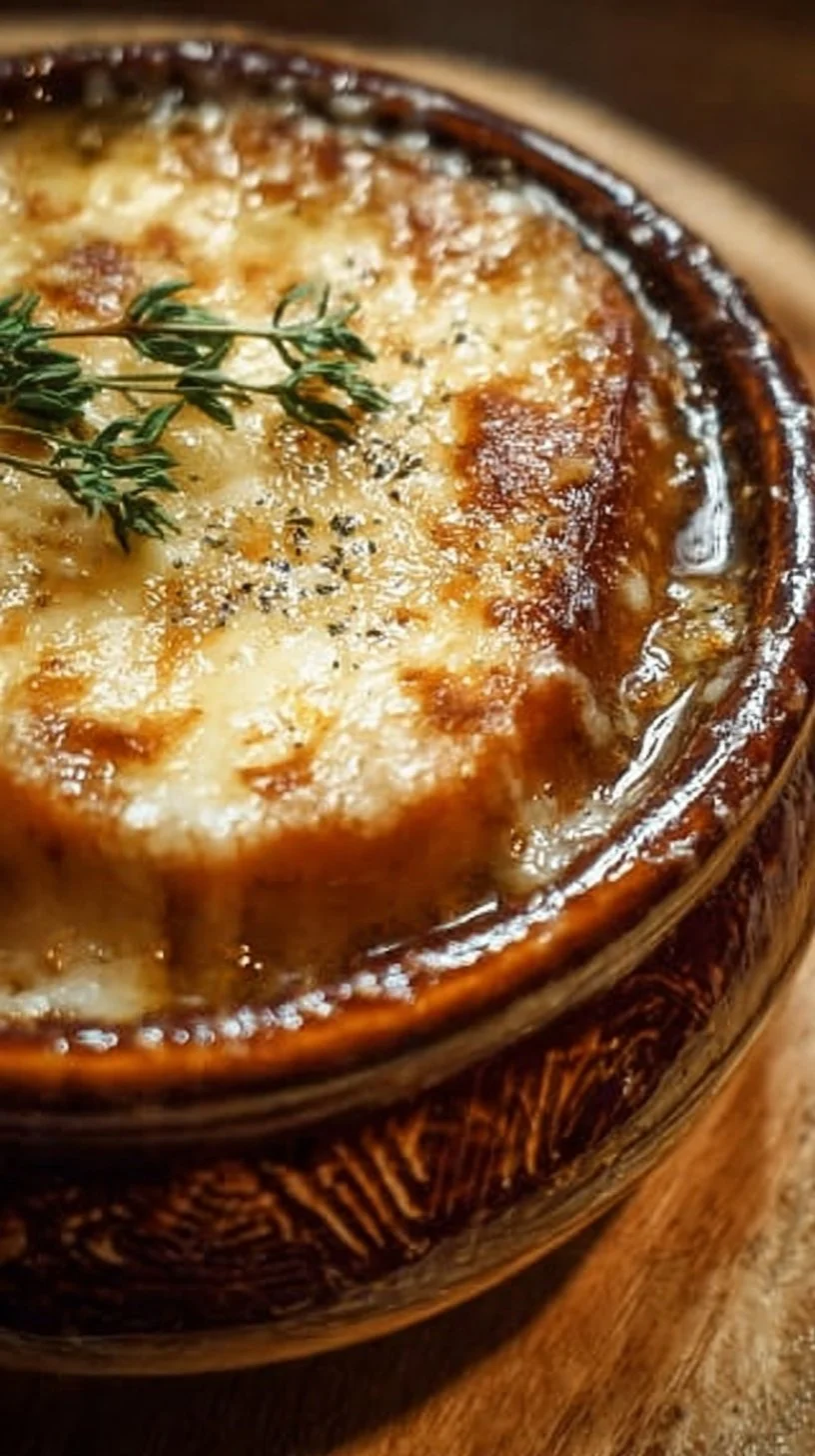 Delicious crock pot French Onion Soup topped with melted cheese and fresh herbs.