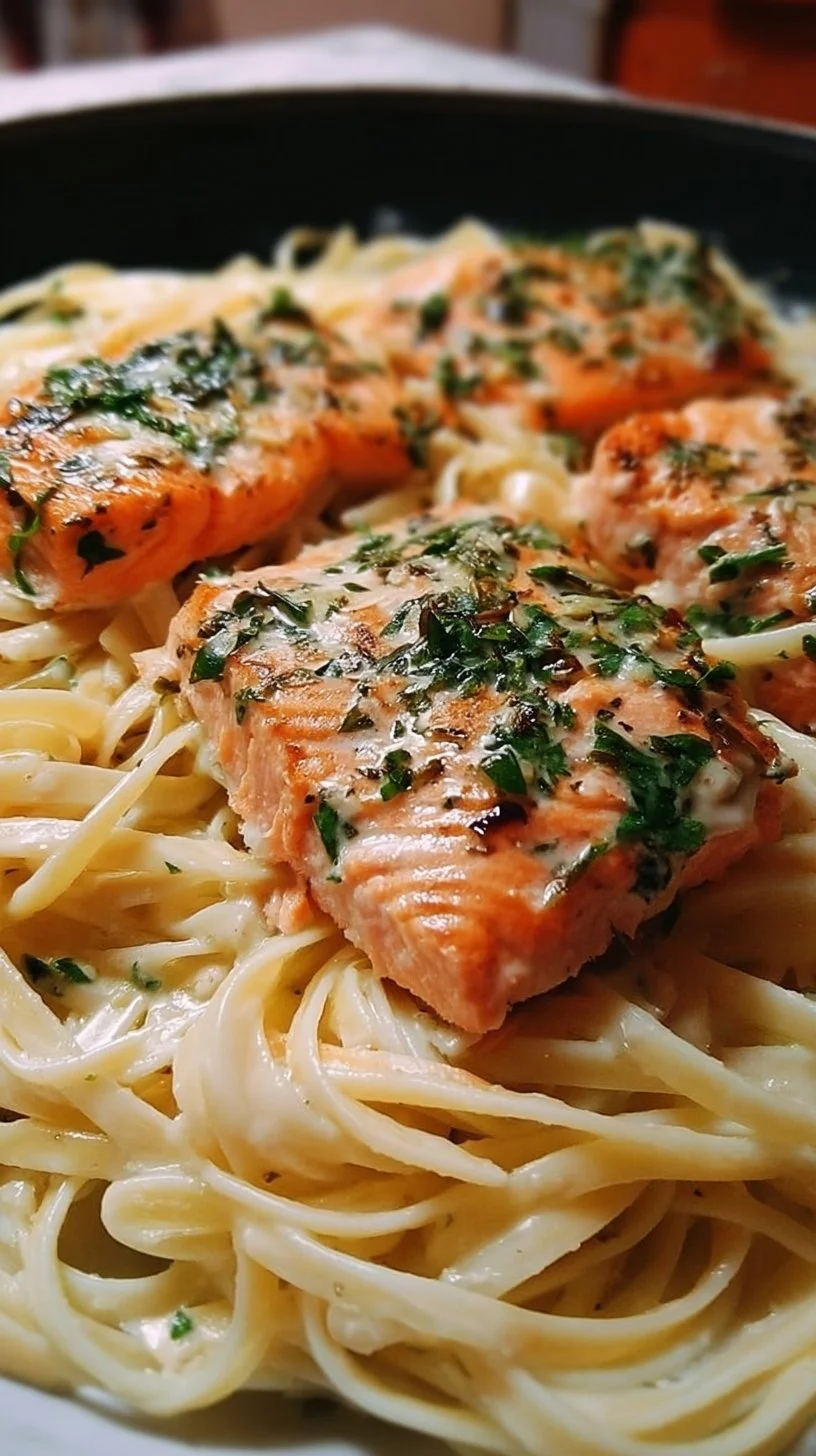 Creamy garlic salmon pasta served in a plate garnished with herbs.