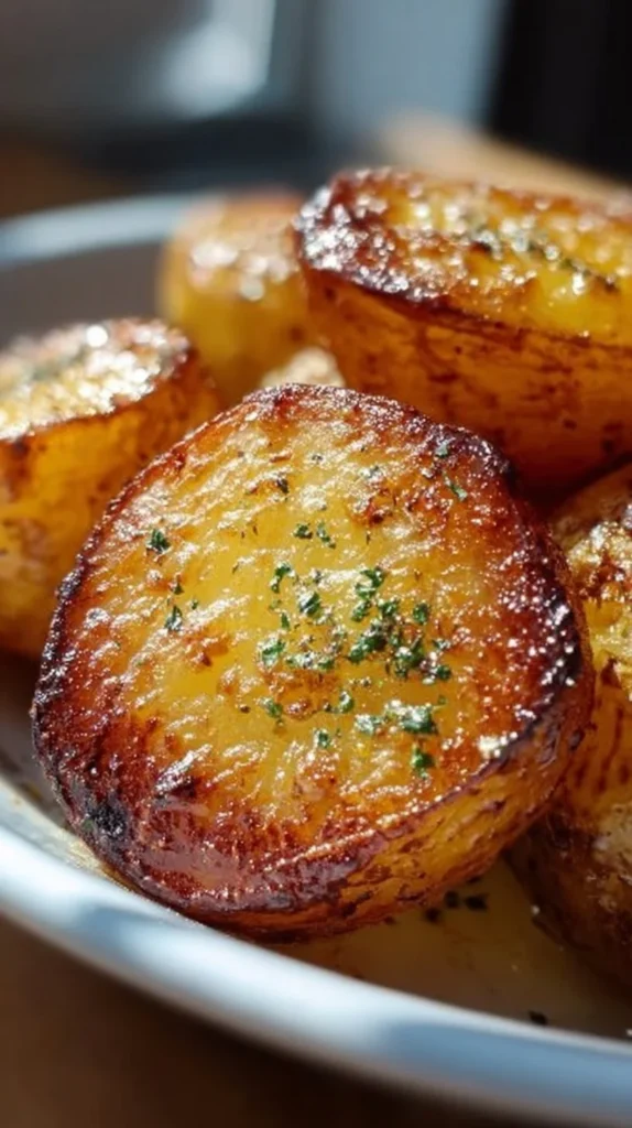 Crispy air fryer potatoes served on a plate with fresh herbs.