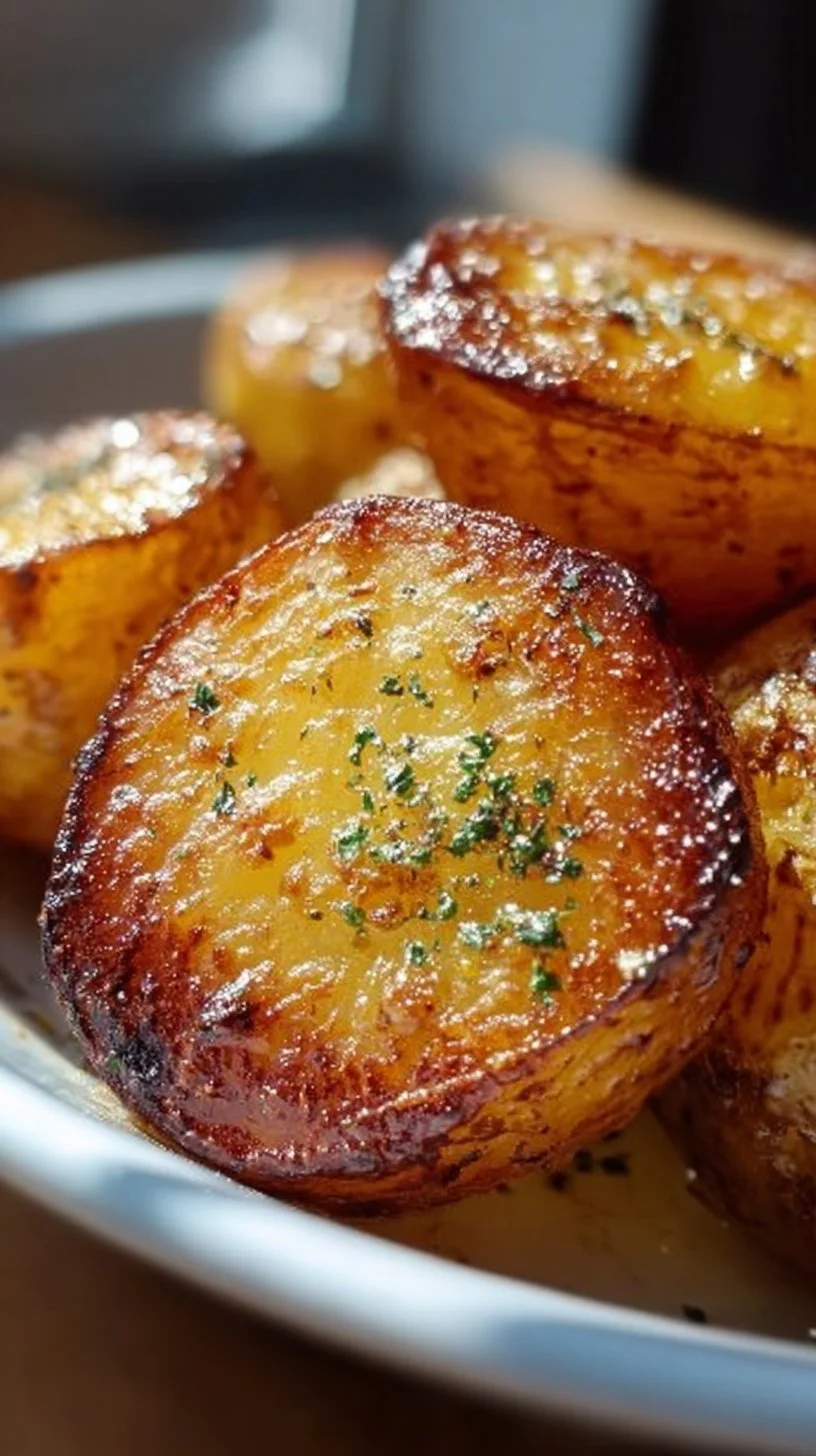 Crispy air fryer potatoes served on a plate with fresh herbs.