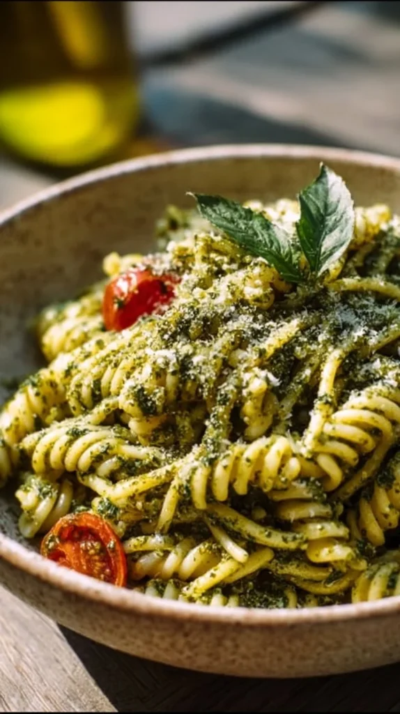 Delicious crispy creamy pesto pasta topped with fresh herbs and cheese.