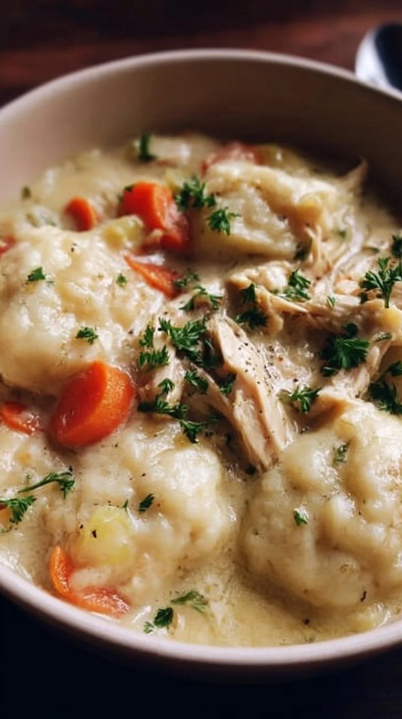 Delicious bowl of Crockpot Chicken and Dumplings with fresh herbs