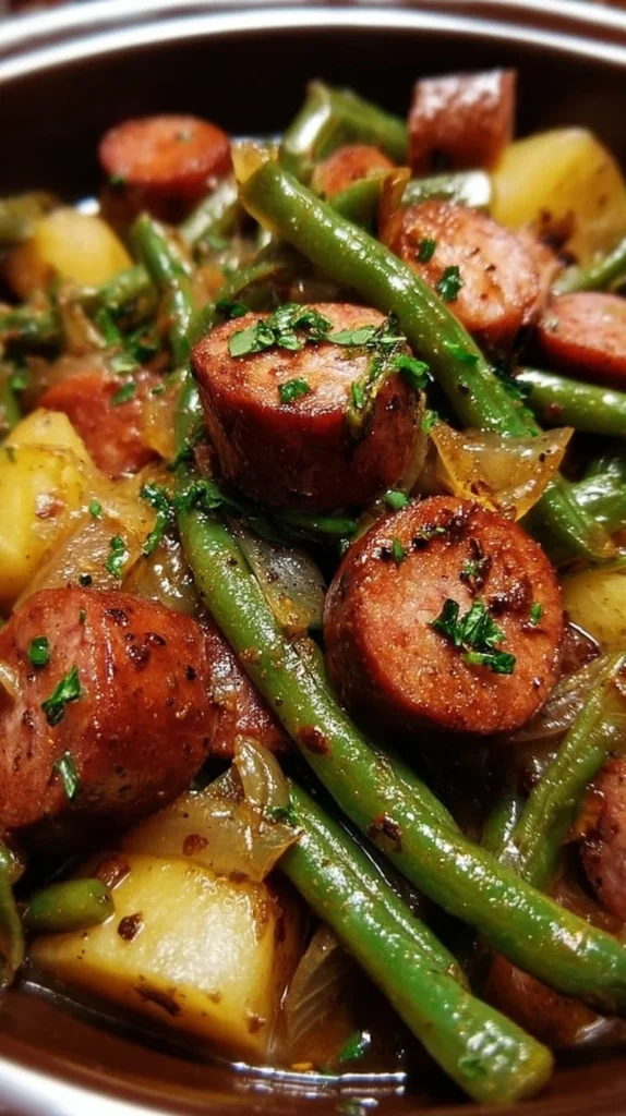 Delicious Crockpot Kielbasa and green beans served in a bowl