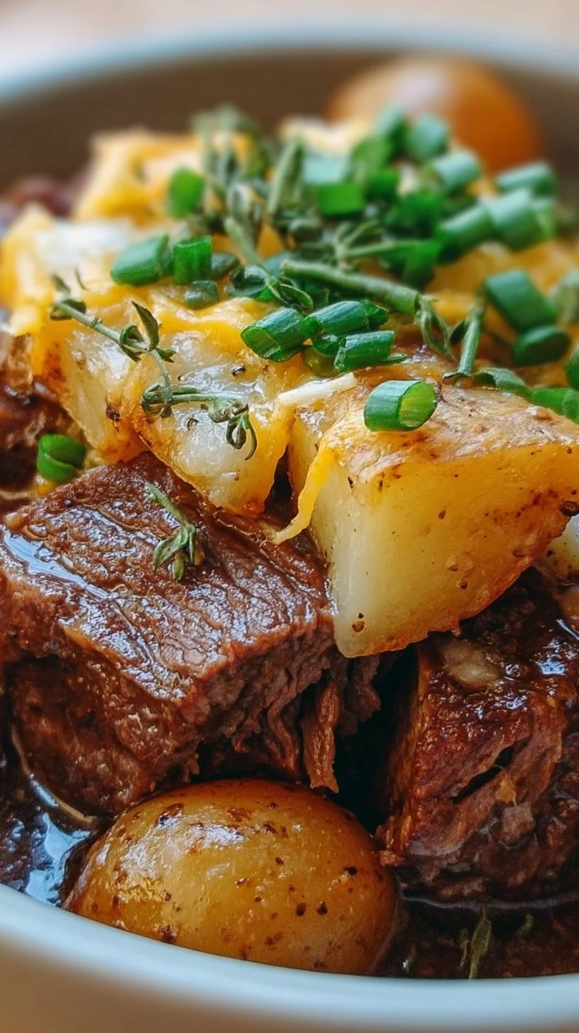 Crockpot Loaded Steak and Potato Bake served on a plate with garnish