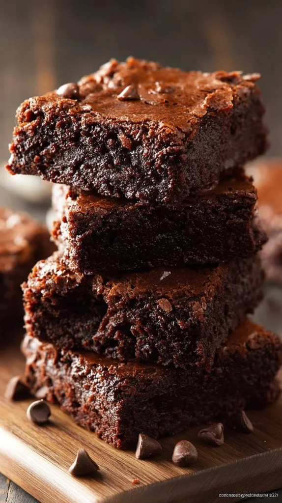 Delicious decadent chocolate brownies served on a wooden plate.