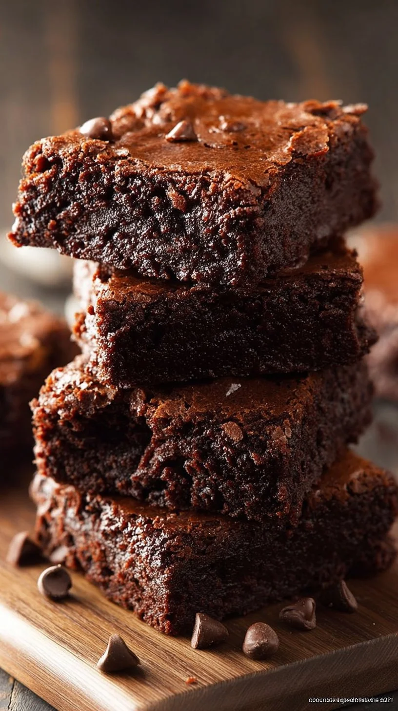 Delicious decadent chocolate brownies served on a wooden plate.