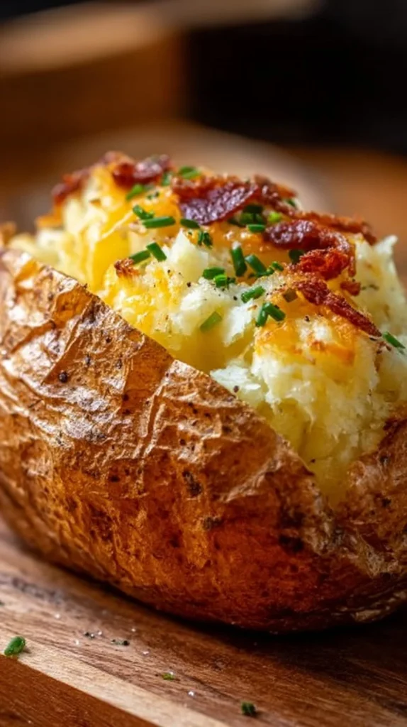 Delicious air fryer baked potato with a crispy skin and fluffy interior