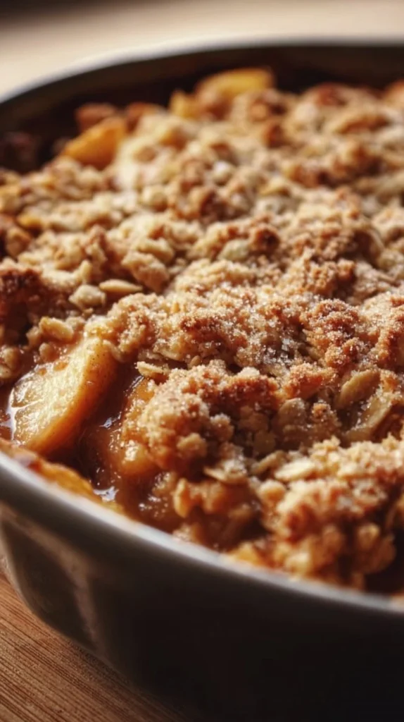 Bowl of easy apple crisp with oats topped with ice cream
