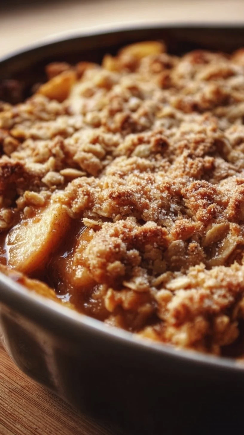 Bowl of easy apple crisp with oats topped with ice cream
