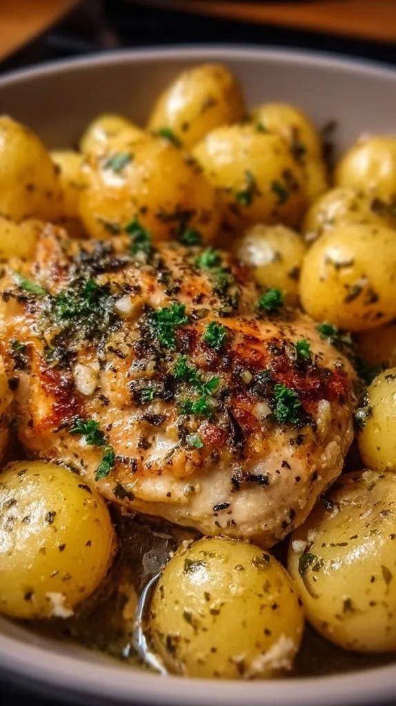 Crockpot garlic parmesan chicken and potatoes dish served on a plate