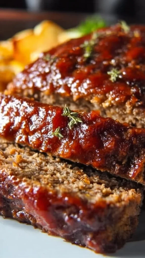 Delicious meatloaf topped with a savory glaze ready to serve.
