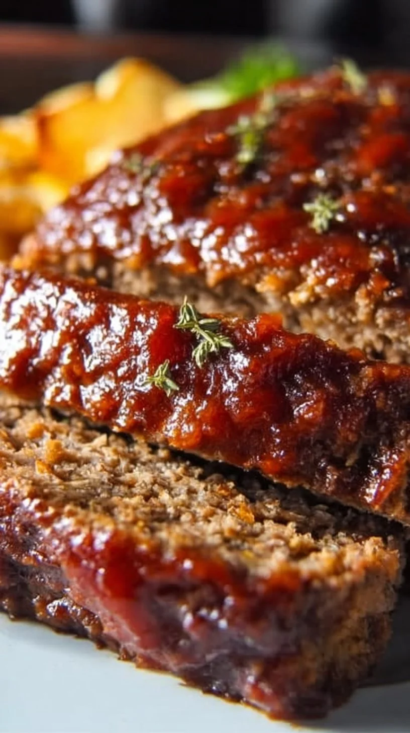 Delicious meatloaf topped with a savory glaze ready to serve.