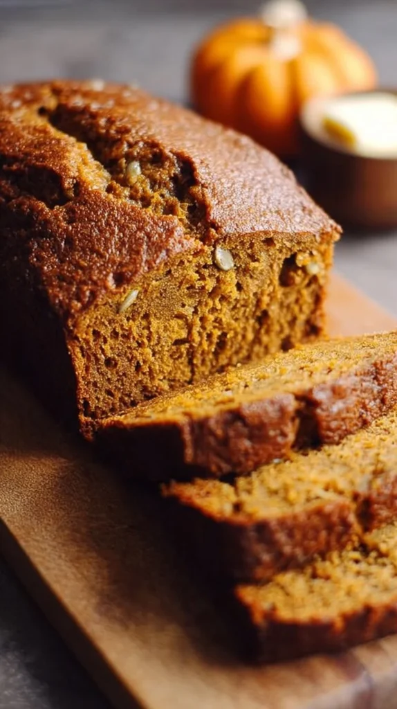 Freshly baked easy pumpkin banana bread loaf on a kitchen countertop