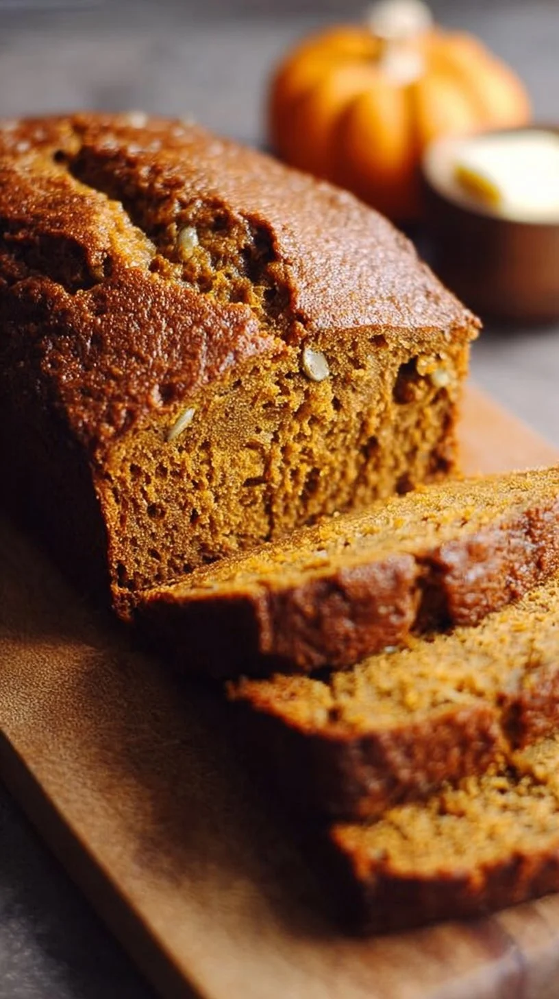 Freshly baked easy pumpkin banana bread loaf on a kitchen countertop