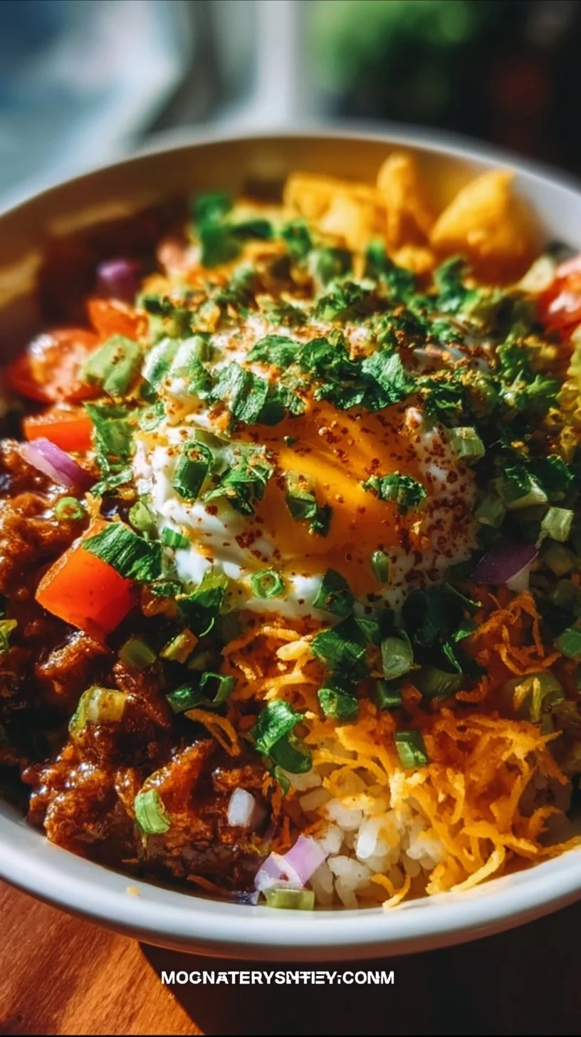 Delicious easy taco rice bowl topped with fresh ingredients