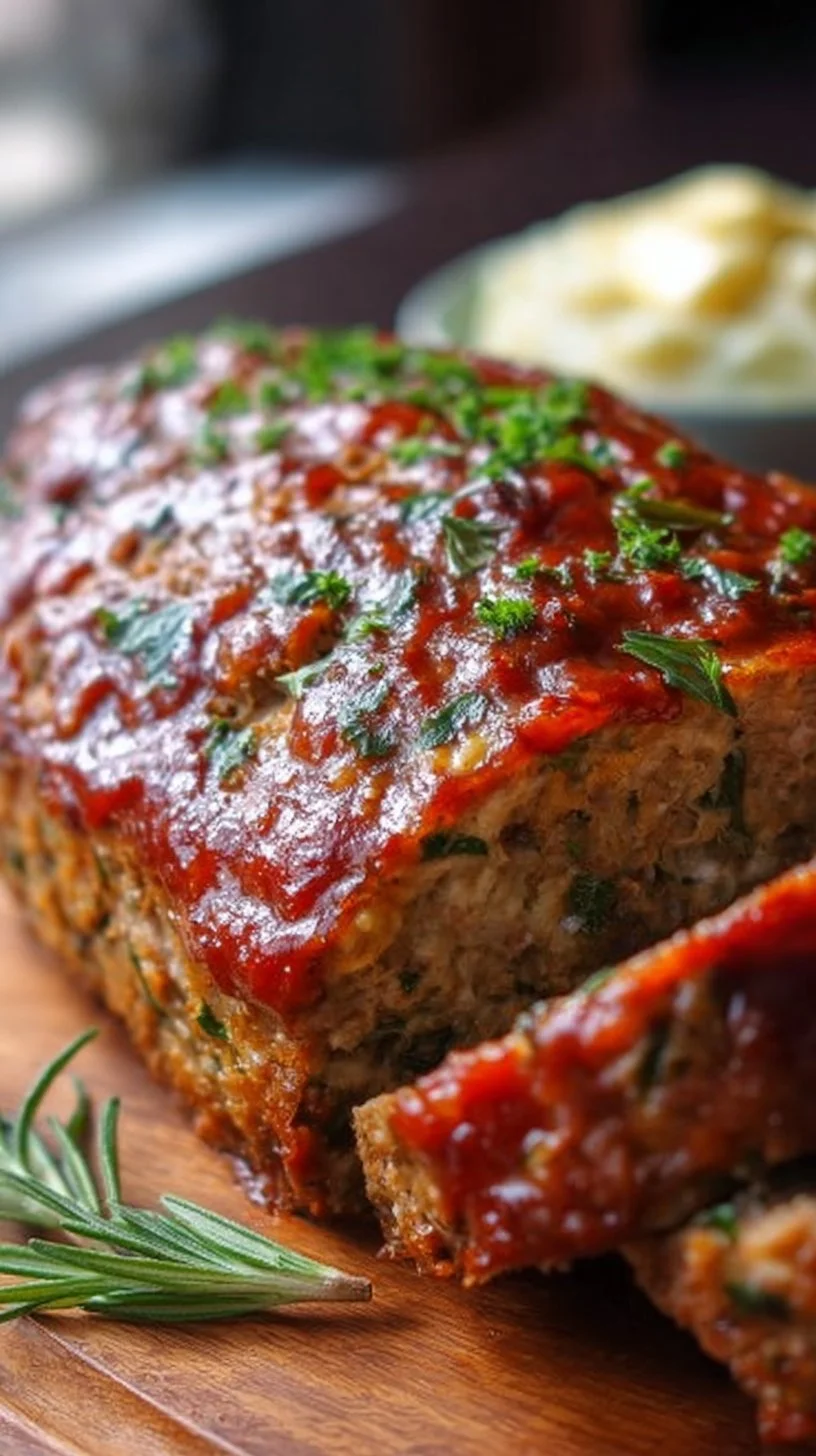 Foolproof turkey meatloaf on a serving platter with fresh herbs