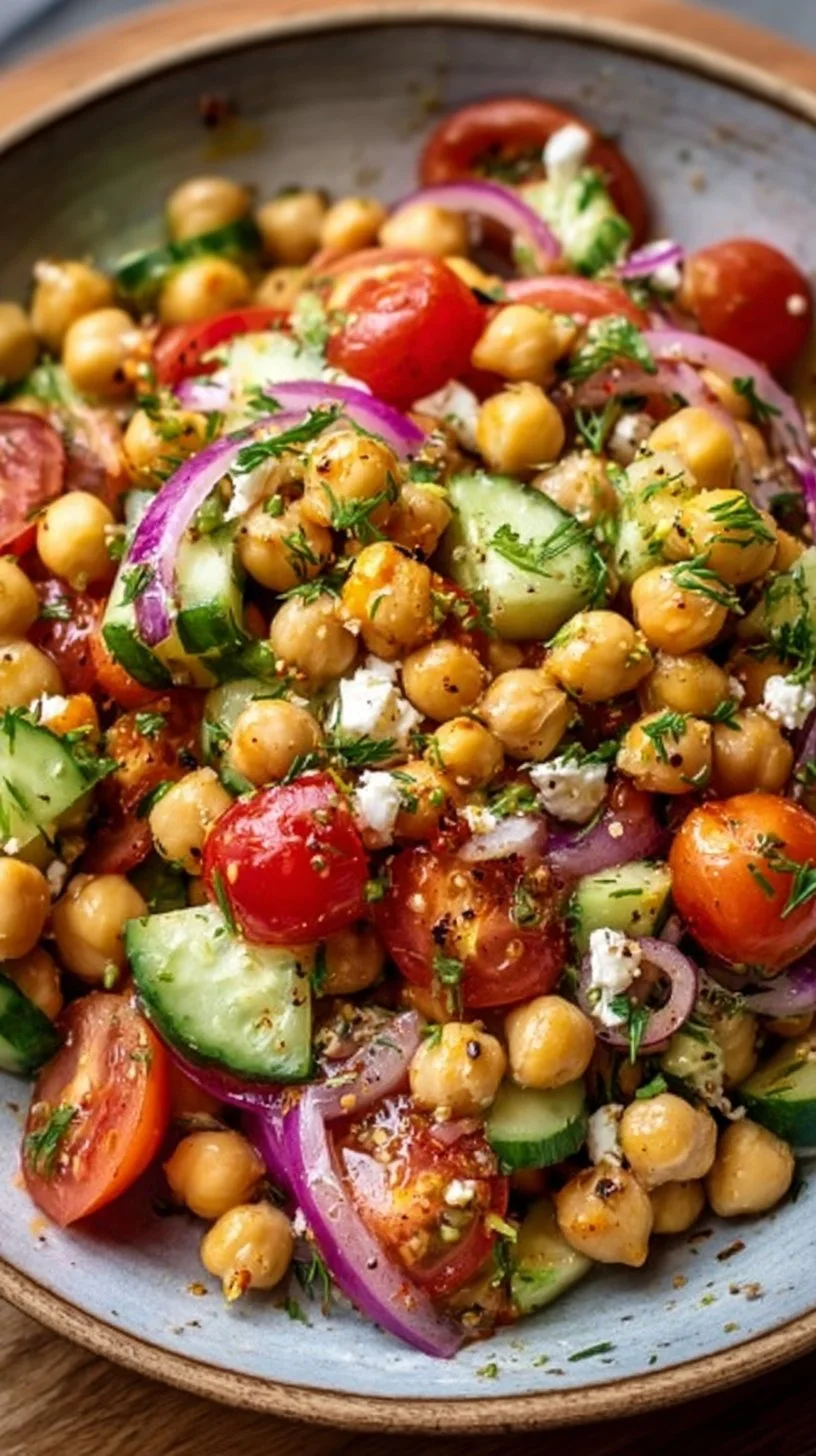 Fresh chickpea salad with colorful vegetables and herbs
