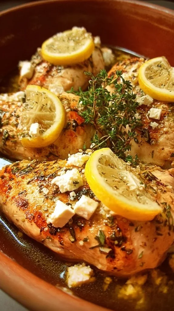 Delicious Greek Chicken with Lemon and Feta served on a plate