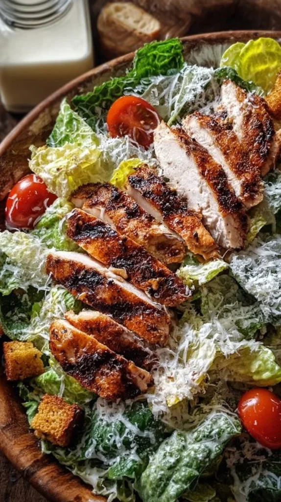 Delicious Grilled Chicken Caesar Salad topped with fresh ingredients