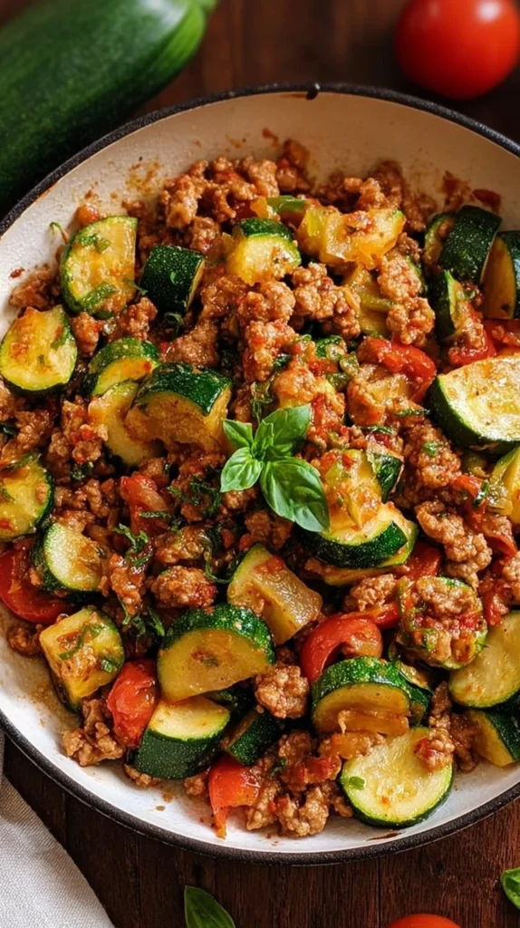 Ground turkey and zucchini skillet dish served in a pan, healthy meal idea