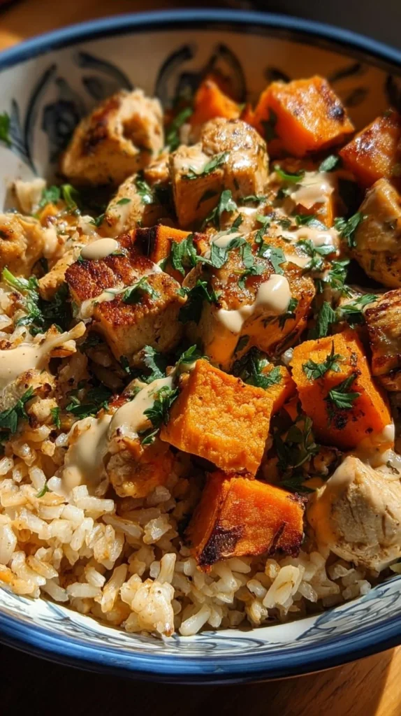 Healthy Chicken and Sweet Potato Rice Bowl with colorful ingredients