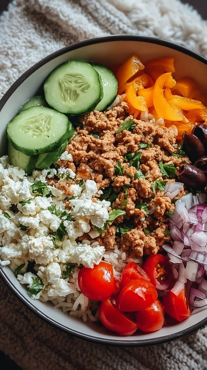 Healthy Greek Ground Turkey Rice Bowl with fresh vegetables and spices