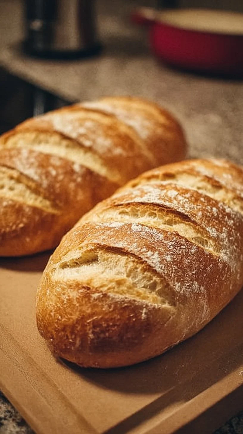 Loaf of homemade sourdough French bread on a wooden table