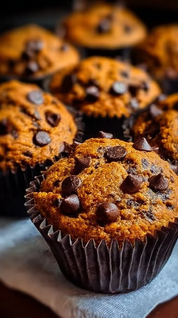 Freshly baked pumpkin chocolate muffins with chocolate chips
