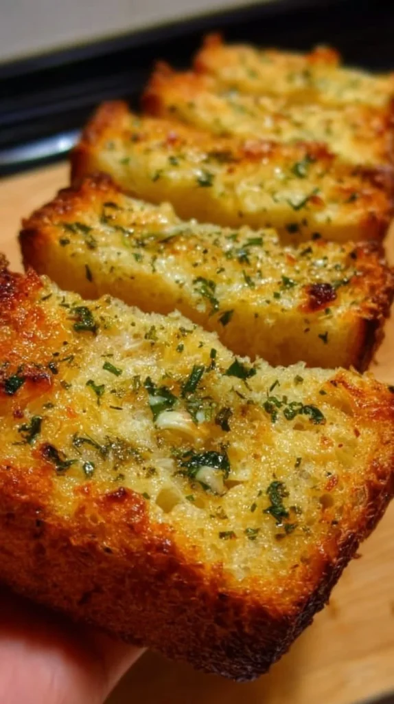 Freshly baked sourdough garlic bread with herbs and melted butter
