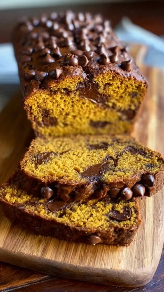Moist pumpkin banana bread with chocolate chips on a wooden table