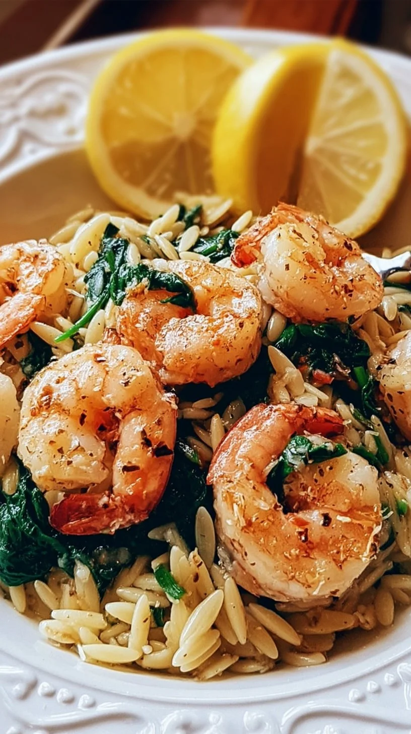 Delicious lemon garlic shrimp served with spinach orzo on a plate.