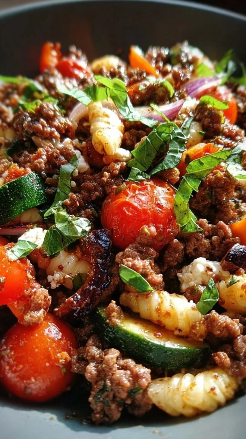 Delicious Mediterranean ground beef stir-fry packed with vegetables and spices