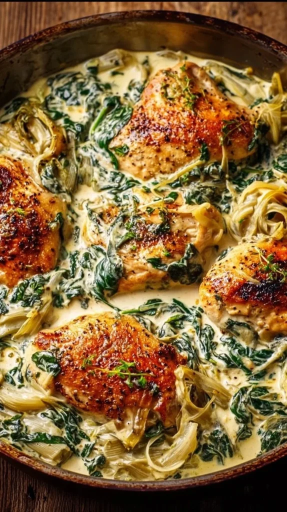 One Pan Creamy Spinach Artichoke Chicken dish garnished and ready to serve.