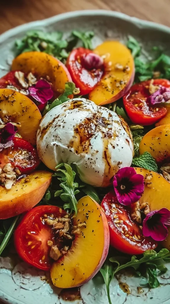 Delicious Peach Burrata Salad with fresh peaches and creamy burrata cheese