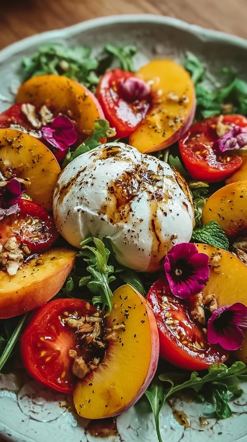 Delicious Peach Burrata Salad with fresh peaches and creamy burrata cheese