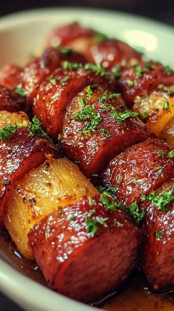 Pineapple Hasselback Kielbasa Bites served on a platter.