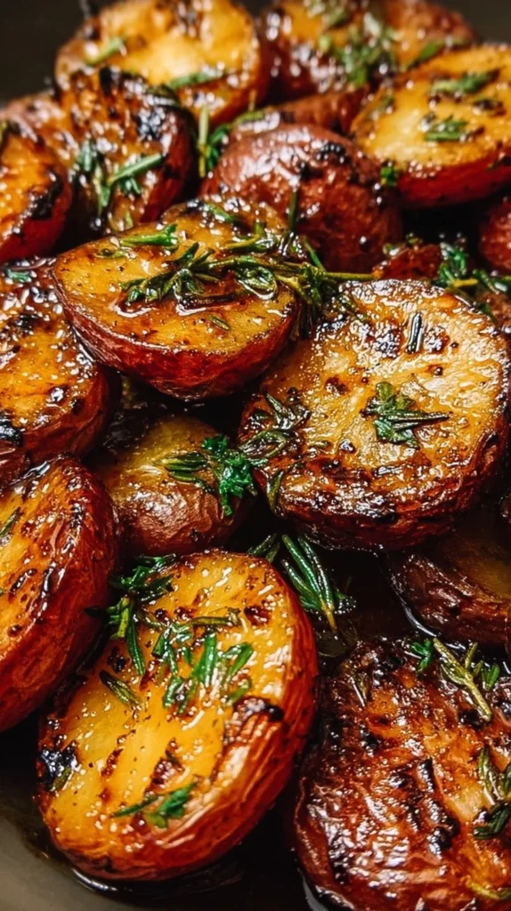 Delicious roasted balsamic red potatoes served in a dish.