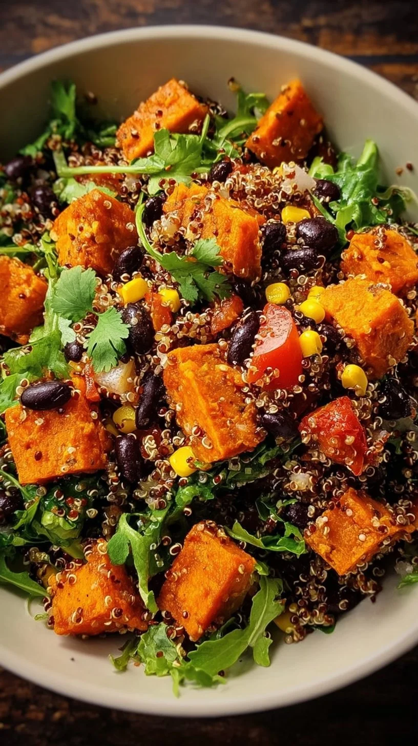 Colorful roasted sweet potato black bean quinoa salad in a bowl