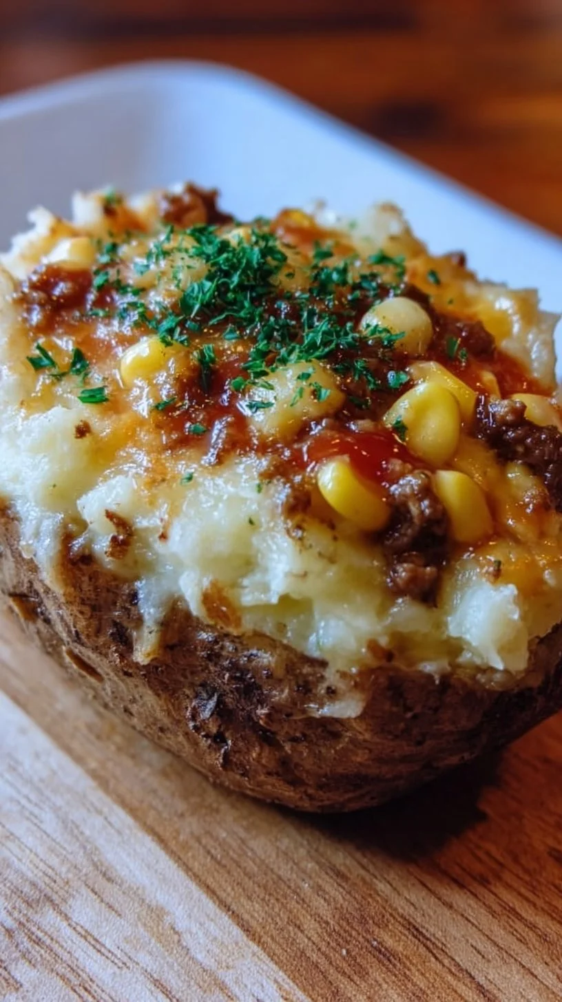 Delicious Shepherd’s Pie Baked Potato topped with meat and vegetables